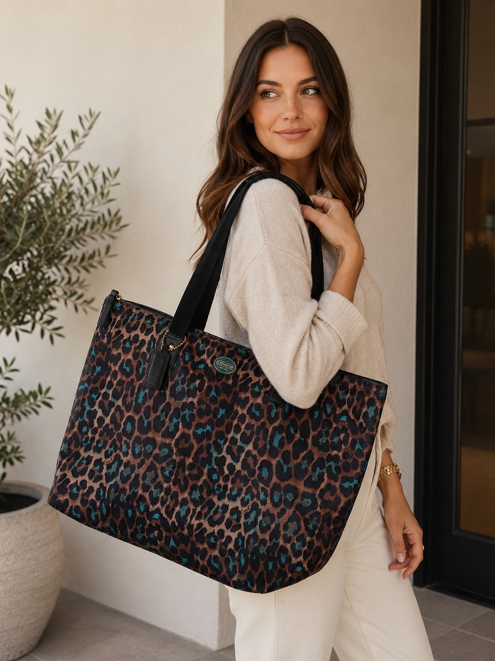 Coach Leopard Print Tote with Teal and Black Accents - Coach